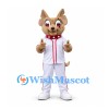 Dog Mascot Costume in Tan with White Baseball Uniform and Red Collar