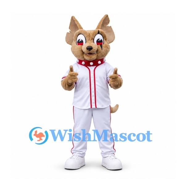 Dog Mascot Costume in Tan with White Baseball Uniform and Red Collar