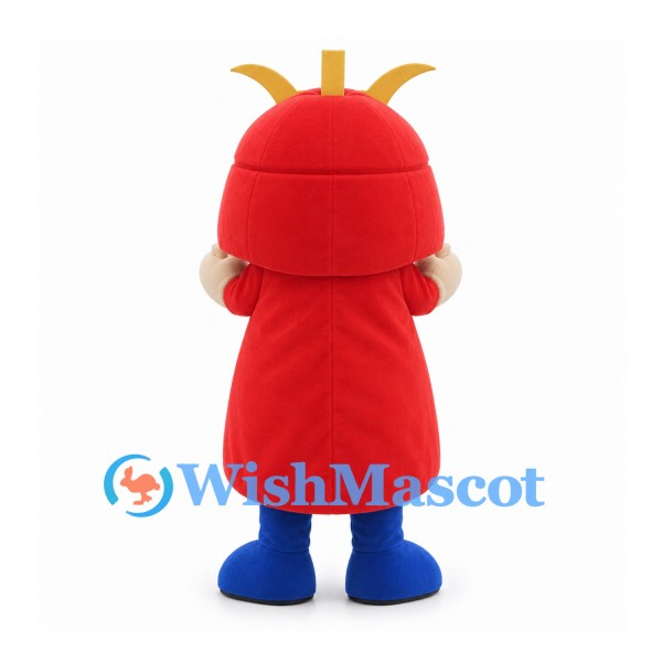 Samurai Character Mascot Costume in Red Helmet and Coat with Gold Crest