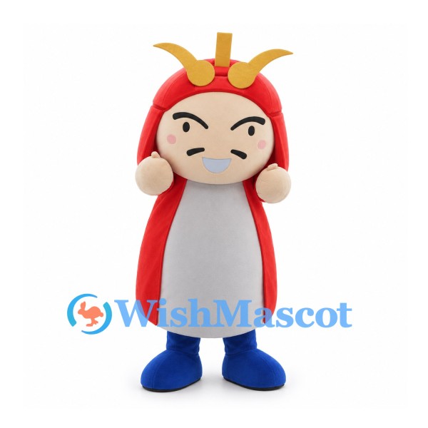 Samurai Character Mascot Costume in Red Helmet and Coat with Gold Crest