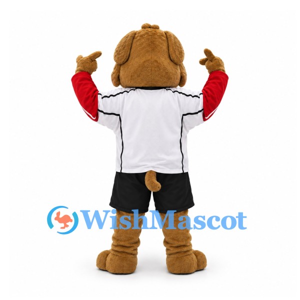 Dog Mascot Costume in Tan with White Sports Shirt and Red Sleeves