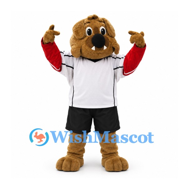 Dog Mascot Costume in Tan with White Sports Shirt and Red Sleeves