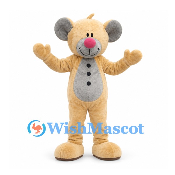 Mouse Mascot Costume in Beige with Gray Belly and Pink Nose