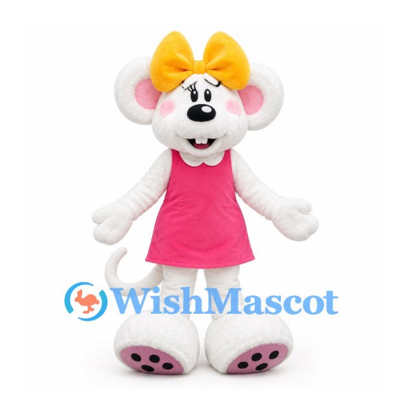 Mouse Mascot Costume in White with Pink Dress and Yellow Bow