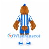 Bird Mascot Costume in Brown with Blue and White Striped Sports Uniform
