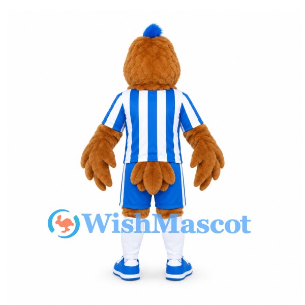 Bird Mascot Costume in Brown with Blue and White Striped Sports Uniform