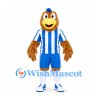 Bird Mascot Costume in Brown with Blue and White Striped Sports Uniform