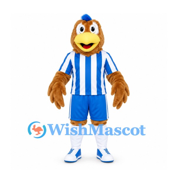 Bird Mascot Costume in Brown with Blue and White Striped Sports Uniform
