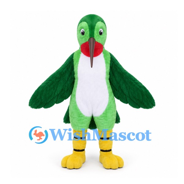 Parrot Mascot Costume in Green with Red Beak and Yellow Feet