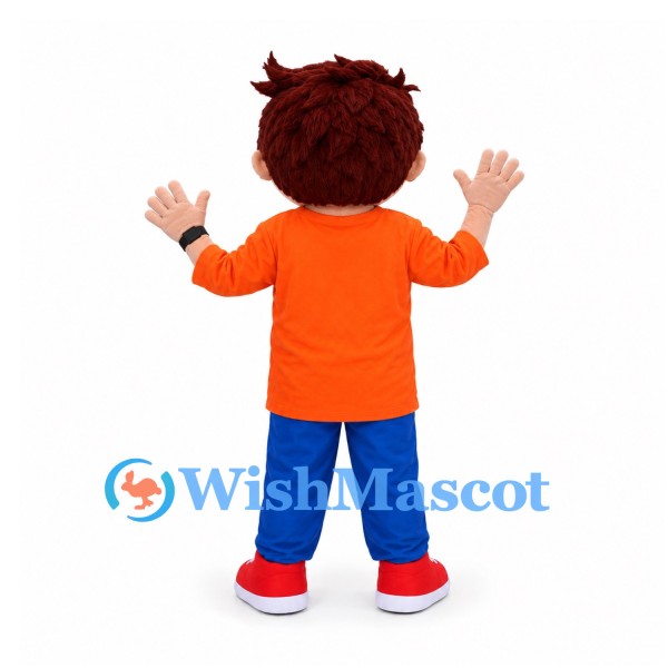 Boy Mascot Costume in Orange Shirt and Blue Shorts