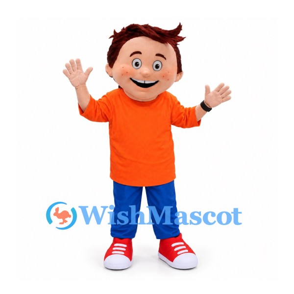Boy Mascot Costume in Orange Shirt and Blue Shorts