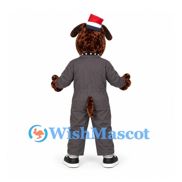 Dog Mascot Costume in Brown with Gray Jumpsuit and Red Santa Hat