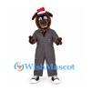 Dog Mascot Costume in Brown with Gray Jumpsuit and Red Santa Hat