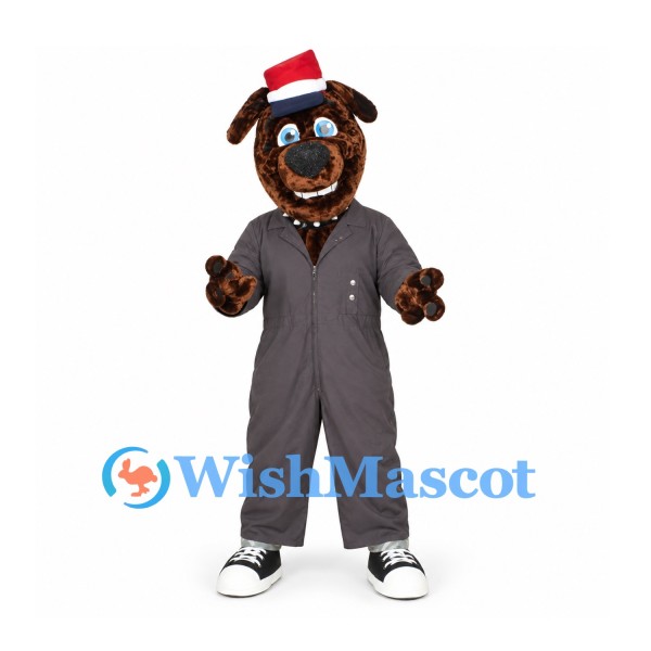 Dog Mascot Costume in Brown with Gray Jumpsuit and Red Santa Hat