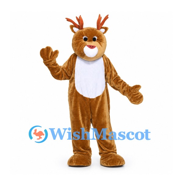 Reindeer Mascot Costume in Brown with White Chest and Orange Antlers