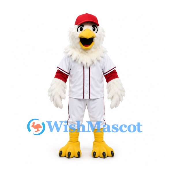 Eagle Mascot Costume in White with Baseball Uniform and Red Cap