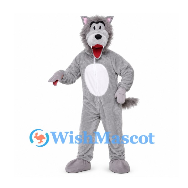 Wolf Mascot Costume in Gray with White Belly and Red Tongue