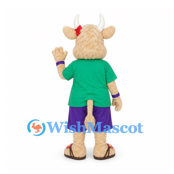 Cow Mascot Costume in Green Shirt with Purple Shorts and Red Hair Bows