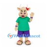 Cow Mascot Costume in Green Shirt with Purple Shorts and Red Hair Bows