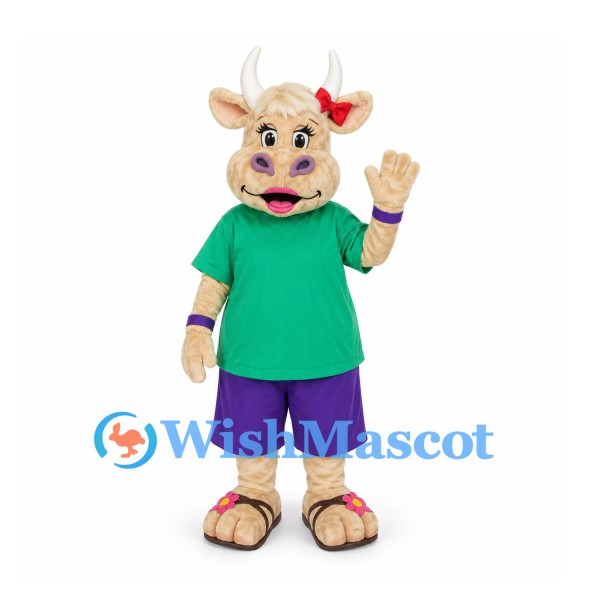 Cow Mascot Costume in Green Shirt with Purple Shorts and Red Hair Bows