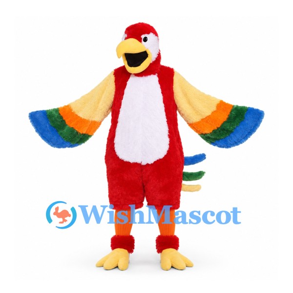 Parrot Mascot Costume in Red with Rainbow Wings