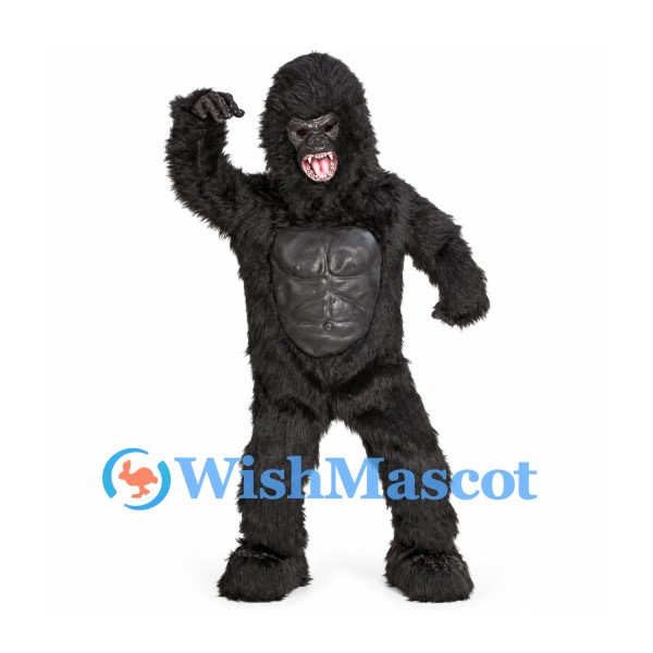 Gorilla Mascot Costume in Black with Muscular Chest and Shaggy Fur