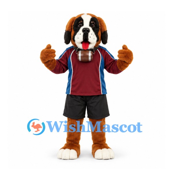 Saint Bernard Dog Mascot Costume with Burgundy Sports Shirt and Neck Barrel