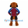 Saint Bernard Dog Mascot Costume with Burgundy and Blue Jersey and Neck Barrel