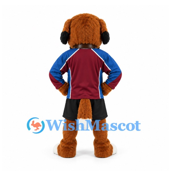 Saint Bernard Dog Mascot Costume with Burgundy and Blue Jersey and Neck Barrel
