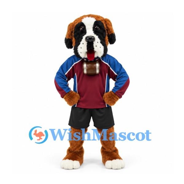 Saint Bernard Dog Mascot Costume with Burgundy and Blue Jersey and Neck Barrel