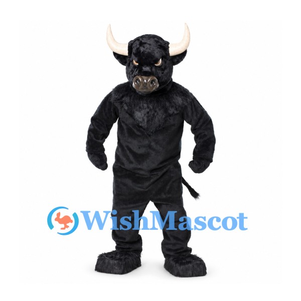 Minotaur Mascot Costume in Black with Horns and Muscular Torso