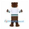 Beaver Mascot Costume in Brown with White Hockey Jersey and Green Trim