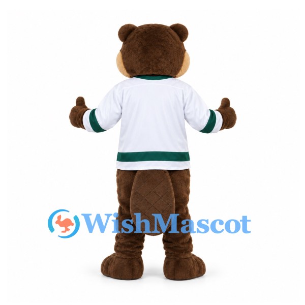 Beaver Mascot Costume in Brown with White Hockey Jersey and Green Trim
