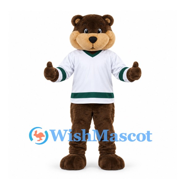 Beaver Mascot Costume in Brown with White Hockey Jersey and Green Trim