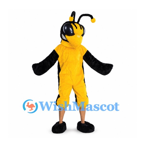Bee Mascot Costume in Yellow and Black with Headphones and White Wings