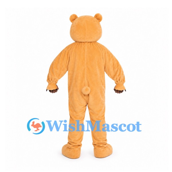 Bear Mascot Costume in Tan with White Chest and Red Bow Tie