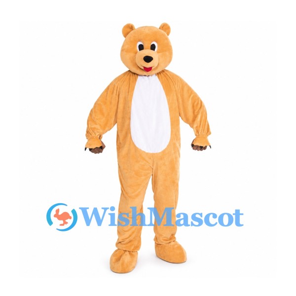 Bear Mascot Costume in Tan with White Chest and Red Bow Tie