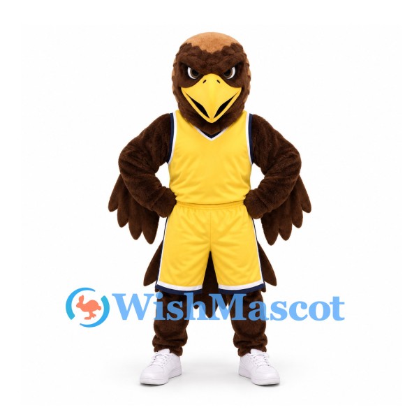 Eagle Mascot Costume in Brown with Yellow Basketball Uniform
