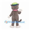 Cat Mascot Costume in Gray with Green Cap and Pink Collar