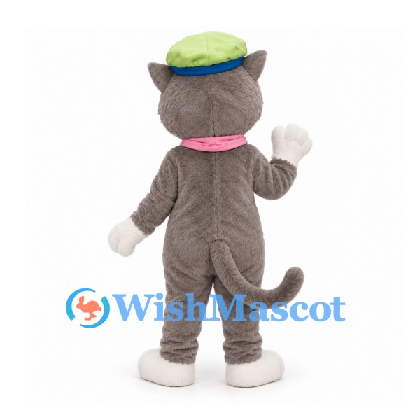Cat Mascot Costume in Gray with Green Cap and Pink Collar