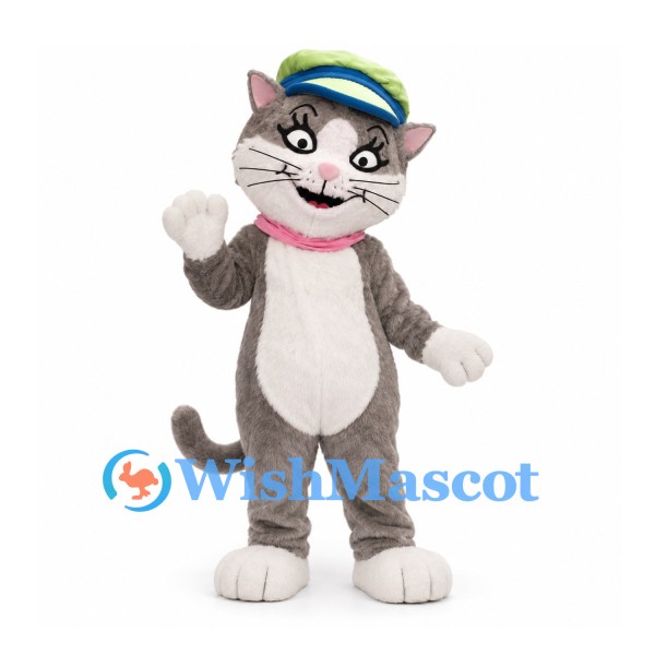 Cat Mascot Costume in Gray with Green Cap and Pink Collar