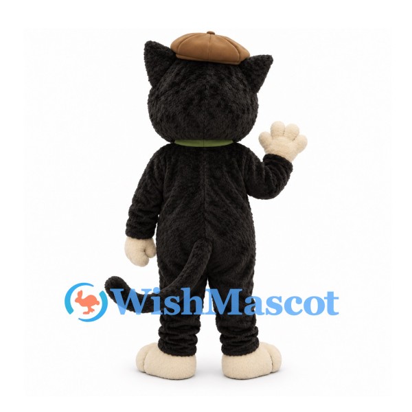 Cat Mascot Costume in Black with Brown Cap and Green Bow Tie