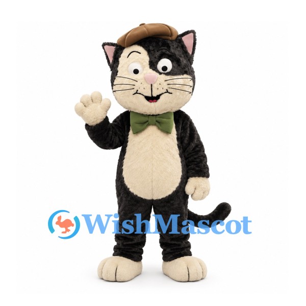 Cat Mascot Costume in Black with Brown Cap and Green Bow Tie