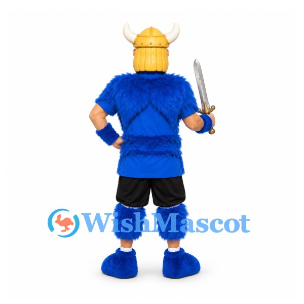 Viking Mascot Costume with Yellow Helmet Blue Tunic and Sword