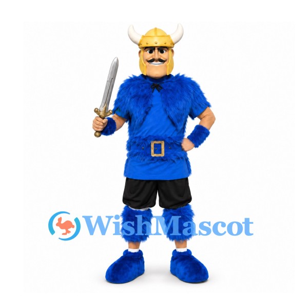 Viking Mascot Costume with Yellow Helmet Blue Tunic and Sword