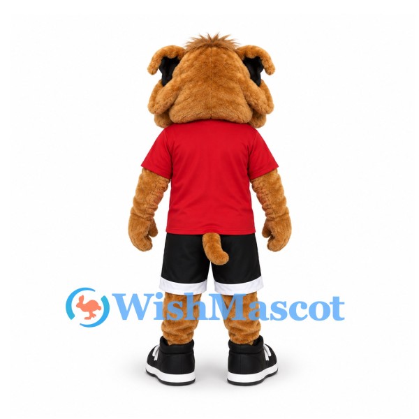 Bulldog Mascot Costume in Tan with Red Shirt and Black Shorts