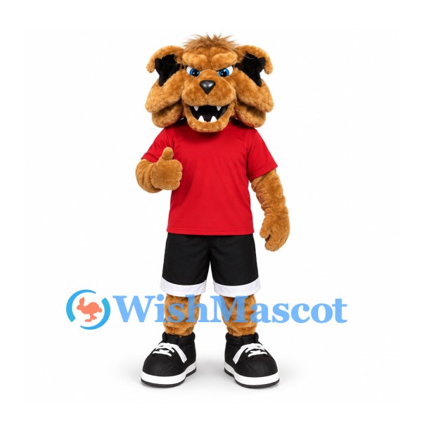Bulldog Mascot Costume in Tan with Red Shirt and Black Shorts