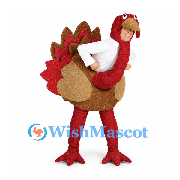 Turkey Mascot Costume in Burgundy and Brown with Large Fan Tail