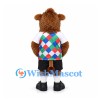 Sheep Mascot Costume in Brown with Diamond Pattern Vest and Black Shorts