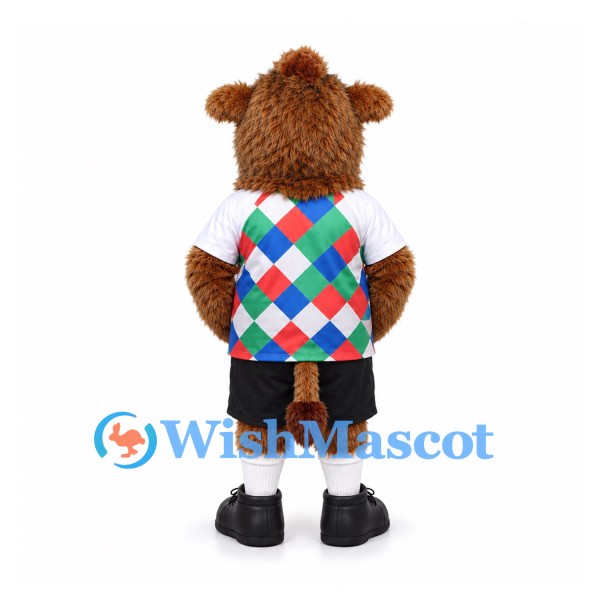 Sheep Mascot Costume in Brown with Diamond Pattern Vest and Black Shorts